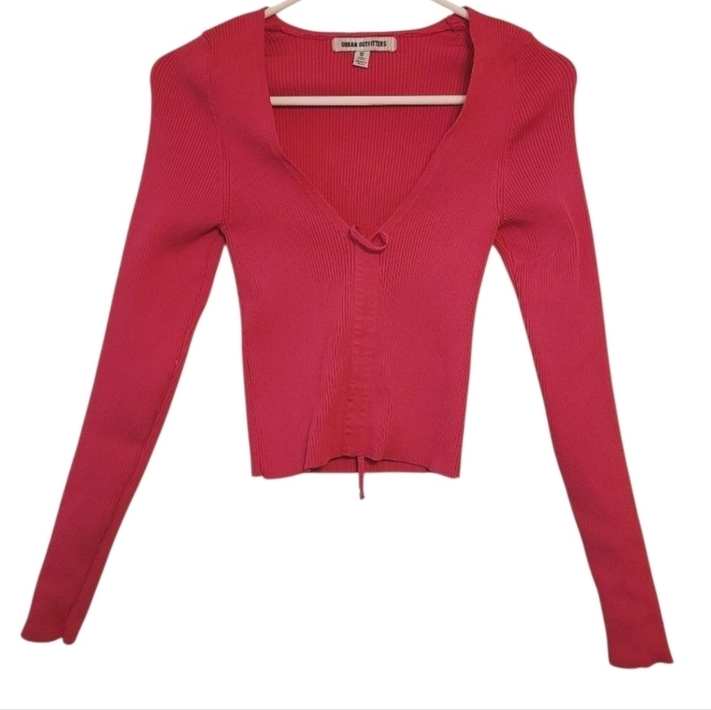 Urban Outfitters | Women's Pink Ribbed Tie Front Cardigan Sweater (Size Medium)